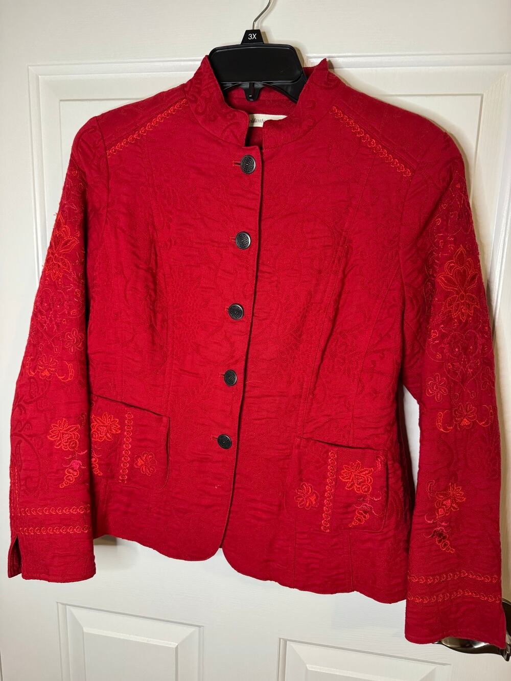 Coldwater Creek Red Jacquard Long Sleeve Embroidered Crop Jacket Blazer 8